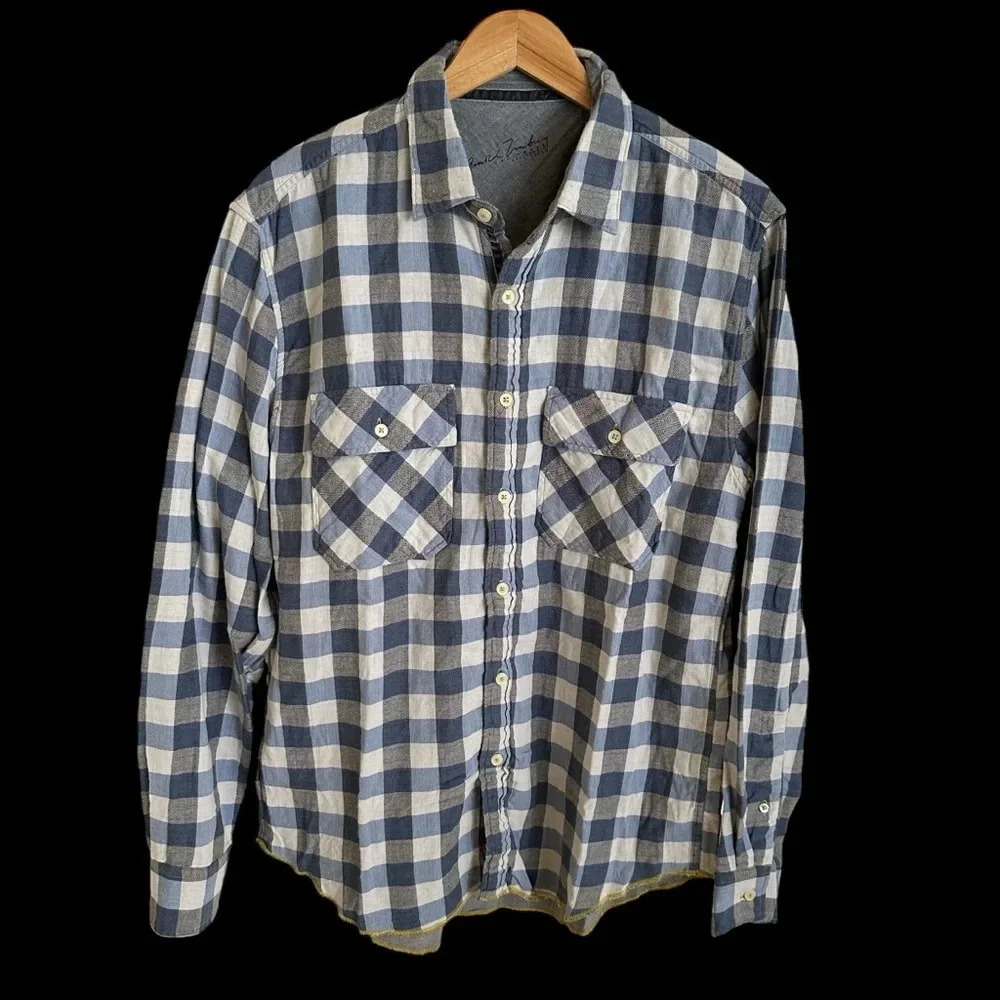 Arnold Zimberg Mens Medium Gingham Check button up shirt blue gray western‎ grey